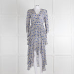 Maje White Blue Black Floral Ruffle Tiered Sleeved Dress