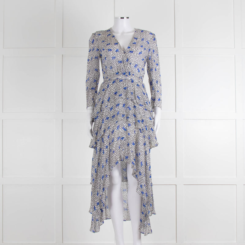 Maje White Blue Black Floral Ruffle Tiered Sleeved Dress