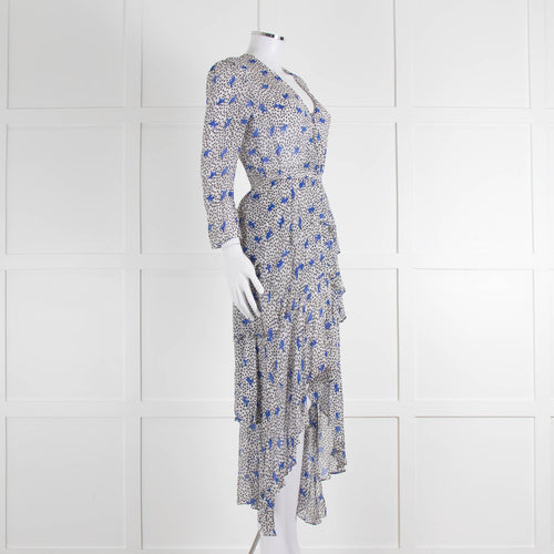 Maje White Blue Black Floral Ruffle Tiered Sleeved Dress