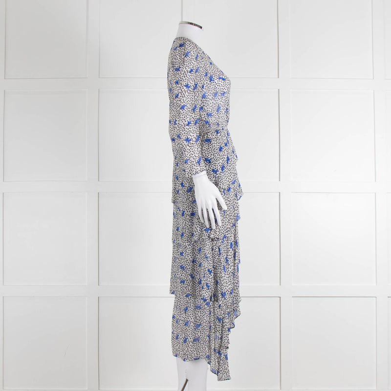 Maje White Blue Black Floral Ruffle Tiered Sleeved Dress