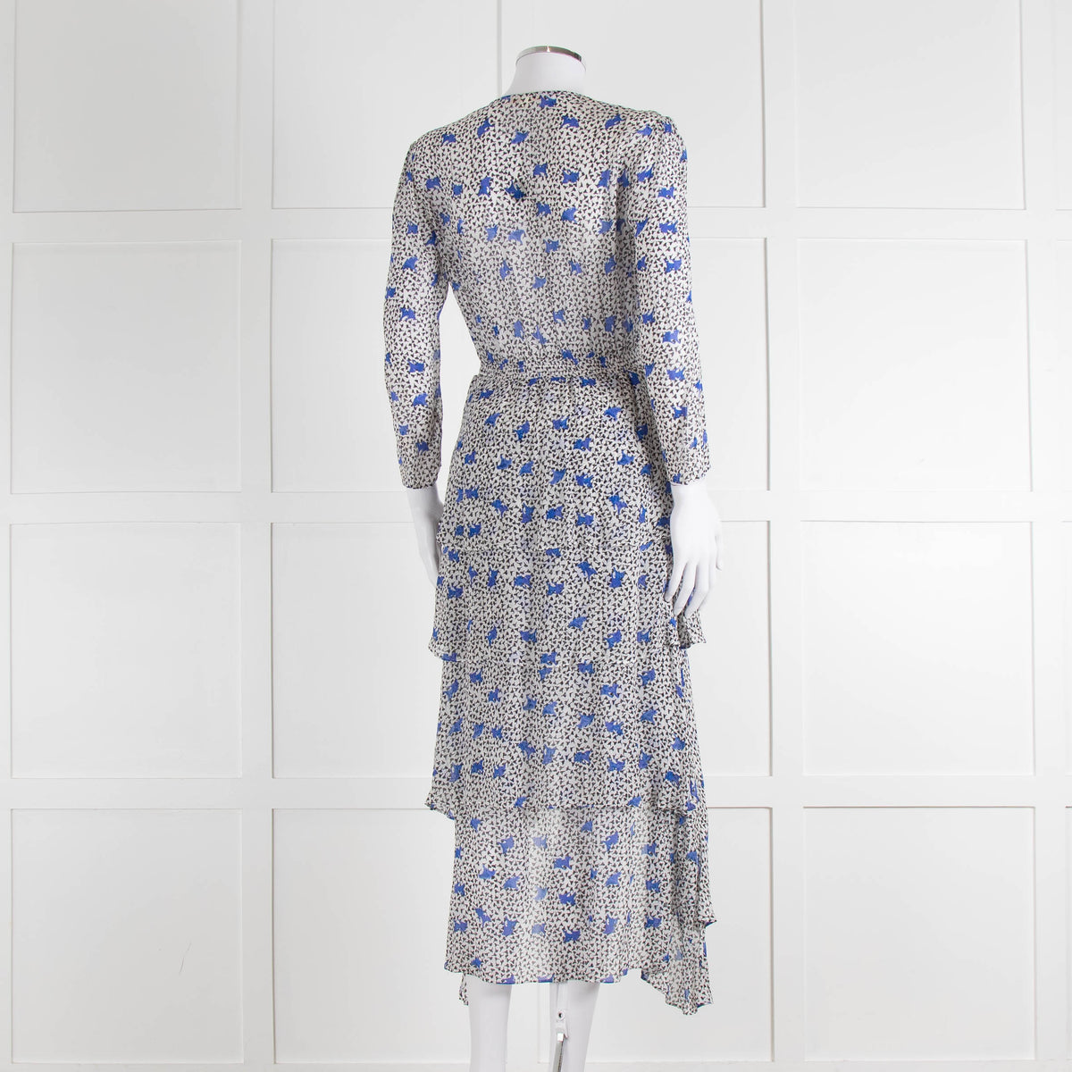 Maje White Blue Black Floral Ruffle Tiered Sleeved Dress