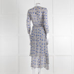 Maje White Blue Black Floral Ruffle Tiered Sleeved Dress