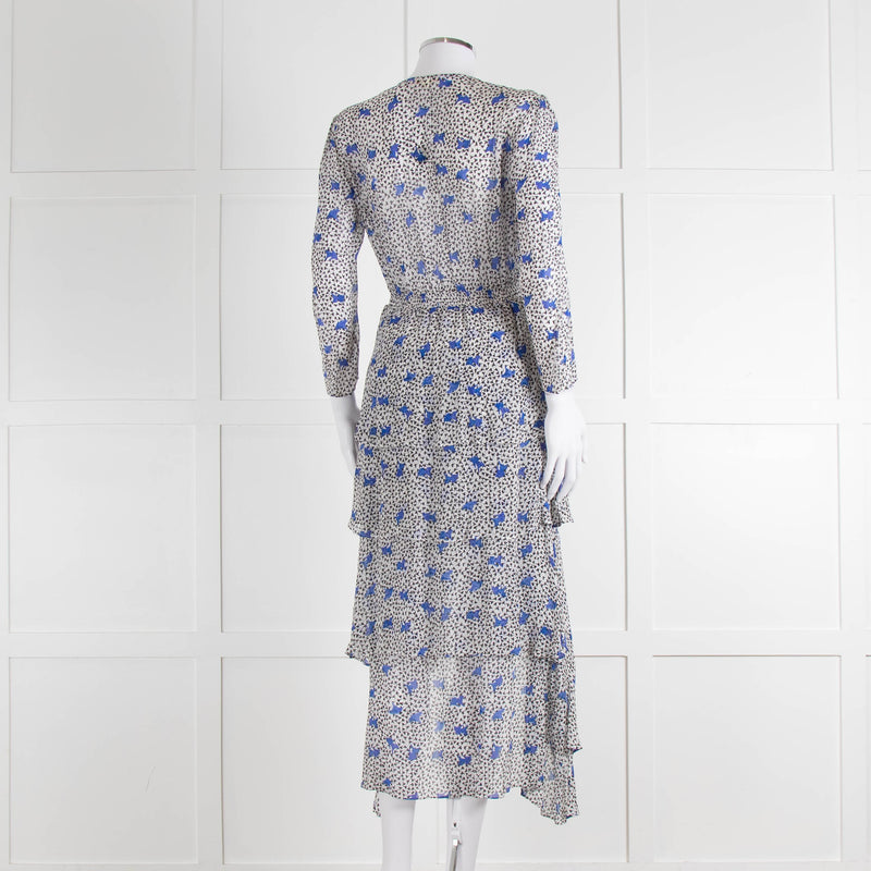 Maje White Blue Black Floral Ruffle Tiered Sleeved Dress