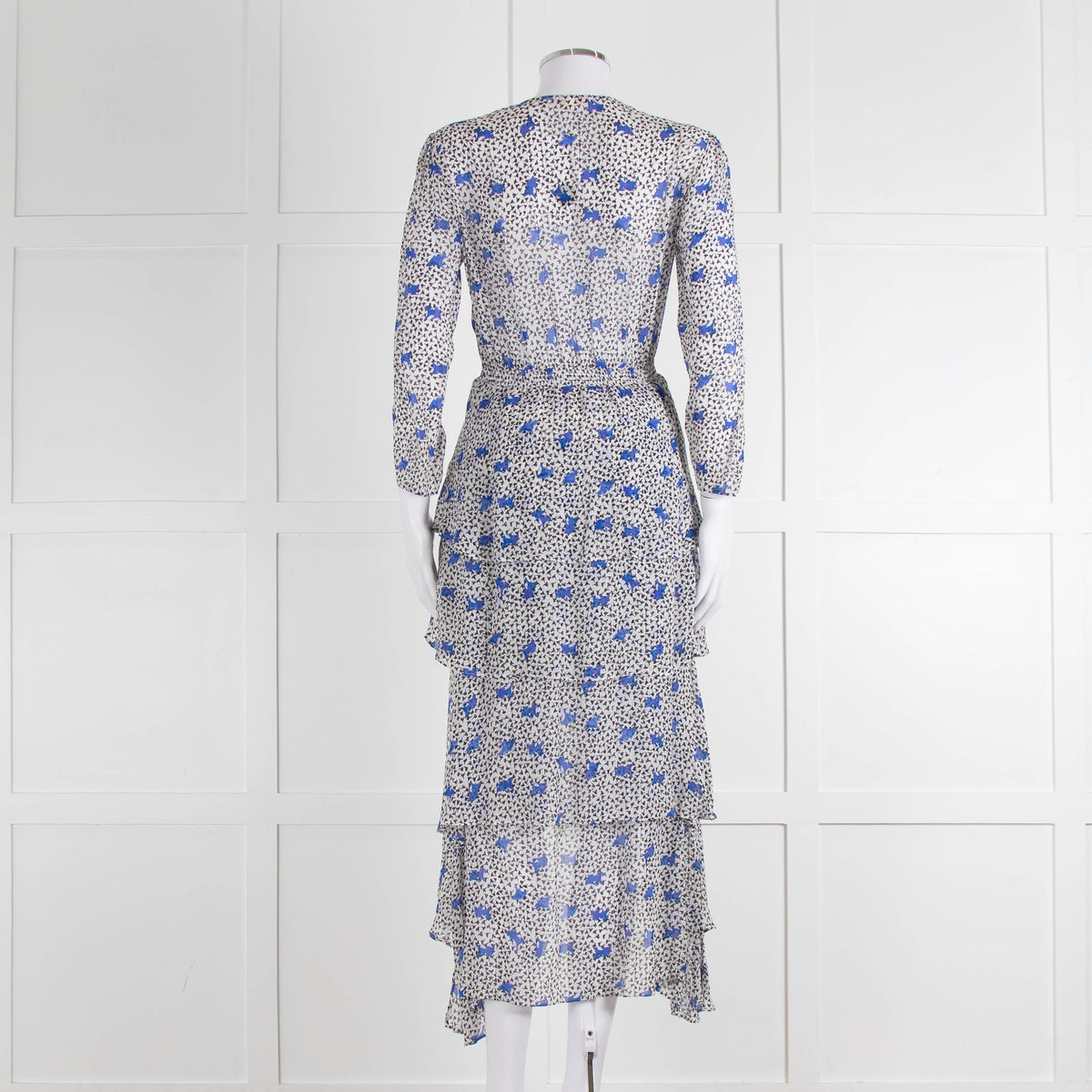 Maje White Blue Black Floral Ruffle Tiered Sleeved Dress