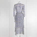 Maje White Blue Black Floral Ruffle Tiered Sleeved Dress