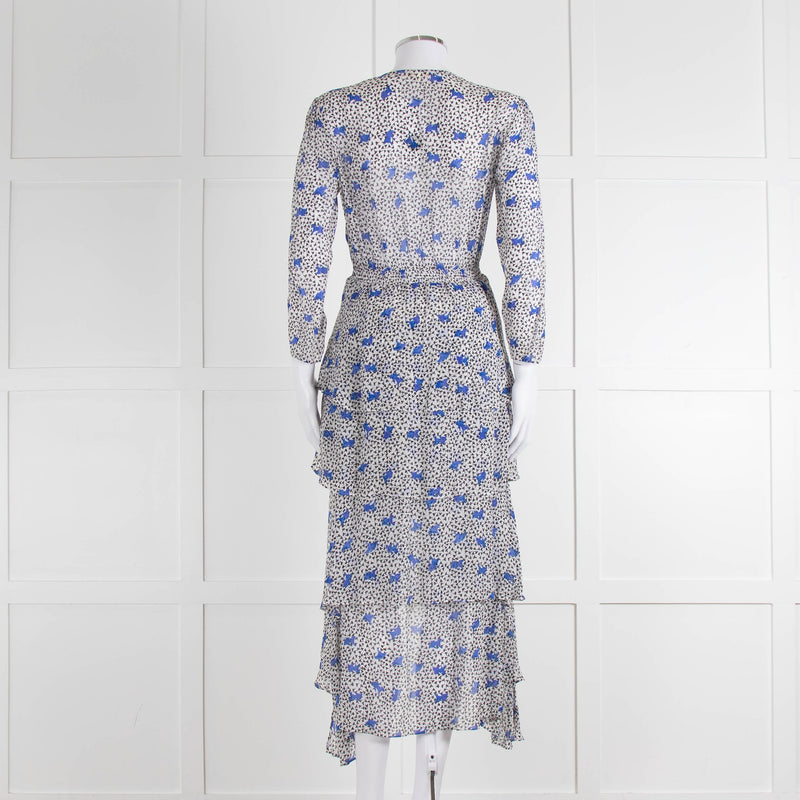 Maje White Blue Black Floral Ruffle Tiered Sleeved Dress