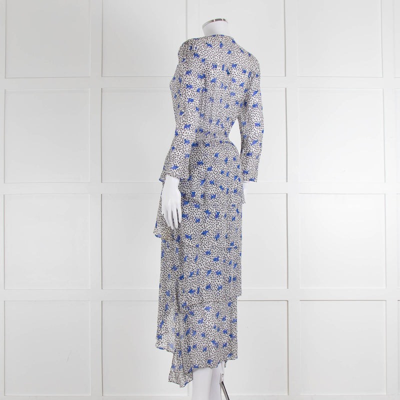 Maje White Blue Black Floral Ruffle Tiered Sleeved Dress