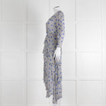 Maje White Blue Black Floral Ruffle Tiered Sleeved Dress