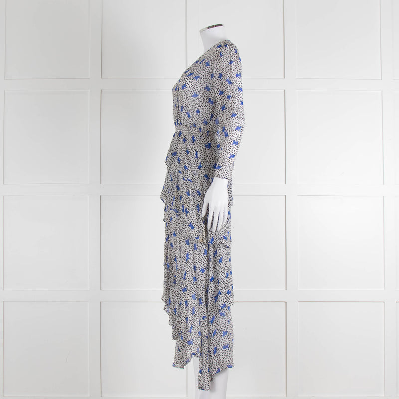 Maje White Blue Black Floral Ruffle Tiered Sleeved Dress