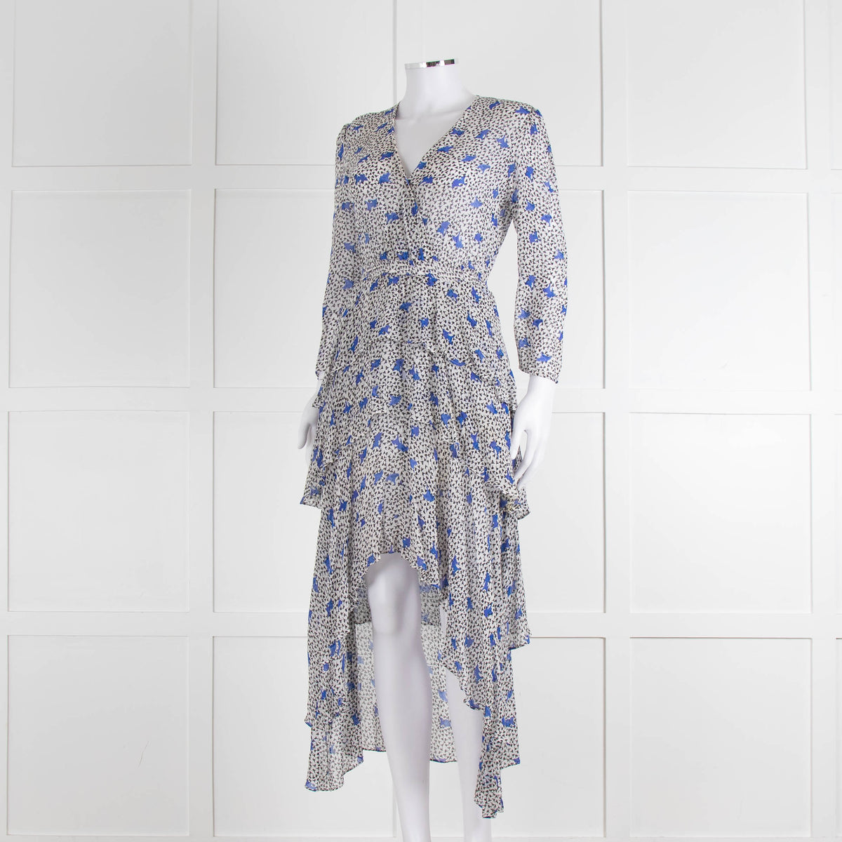 Maje White Blue Black Floral Ruffle Tiered Sleeved Dress