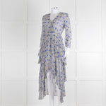 Maje White Blue Black Floral Ruffle Tiered Sleeved Dress
