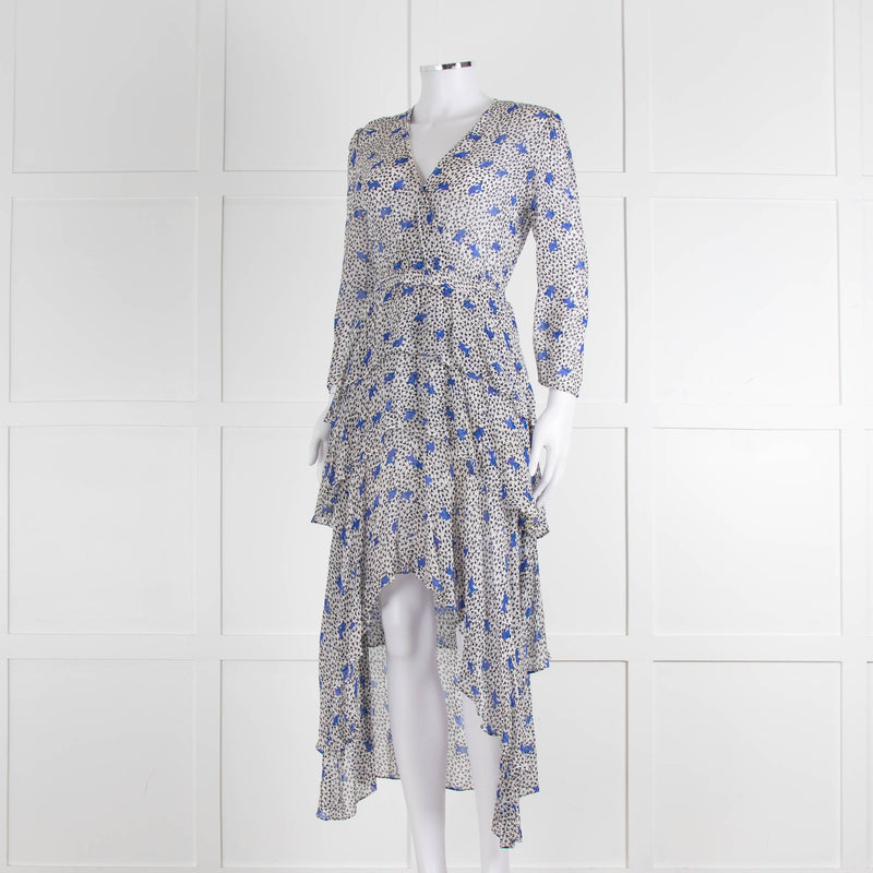 Maje White Blue Black Floral Ruffle Tiered Sleeved Dress