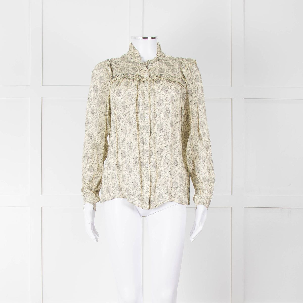 Ba&sh Cream Black Floral Frill Detail Long Sleeve Top