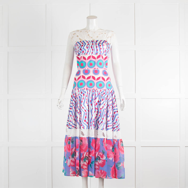 Talbot Runhoff Mixed Print Broderie Anglaise Sleeveless Midi Dress