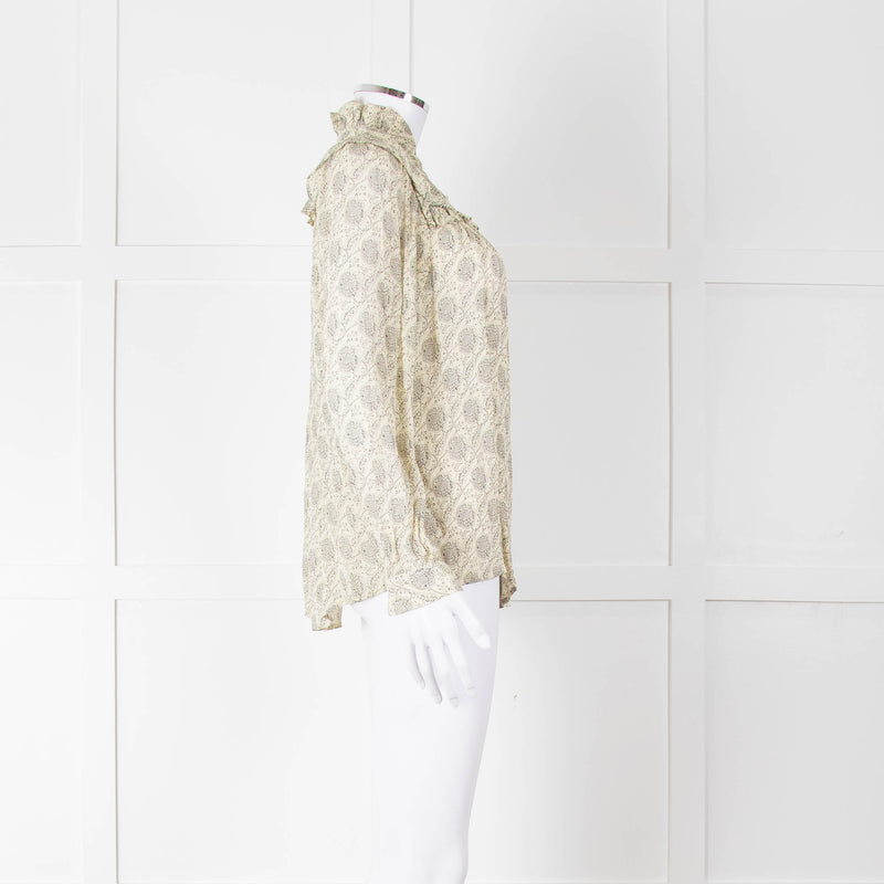 Ba&sh Cream Black Floral Frill Detail Long Sleeve Top