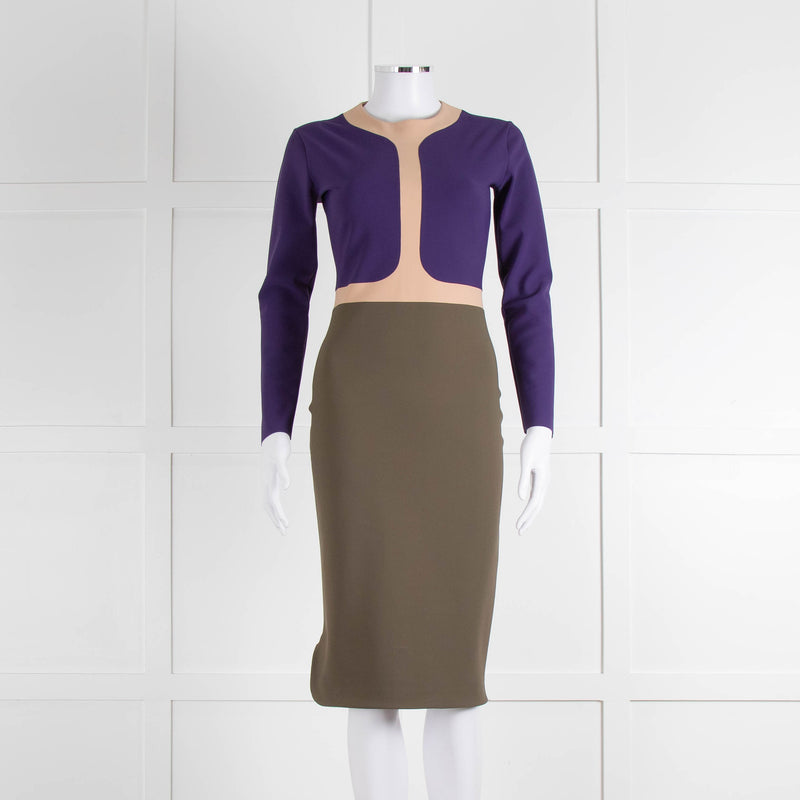 S Dress Purple Khaki Pink Trim Body Con Dress