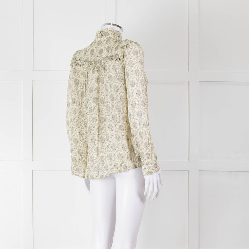 Ba&sh Cream Black Floral Frill Detail Long Sleeve Top