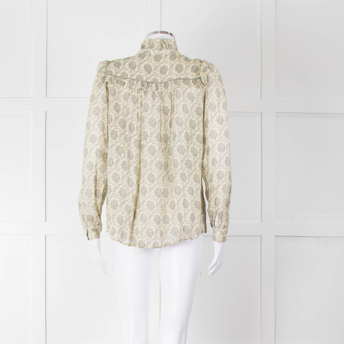 Ba&sh Cream Black Floral Frill Detail Long Sleeve Top