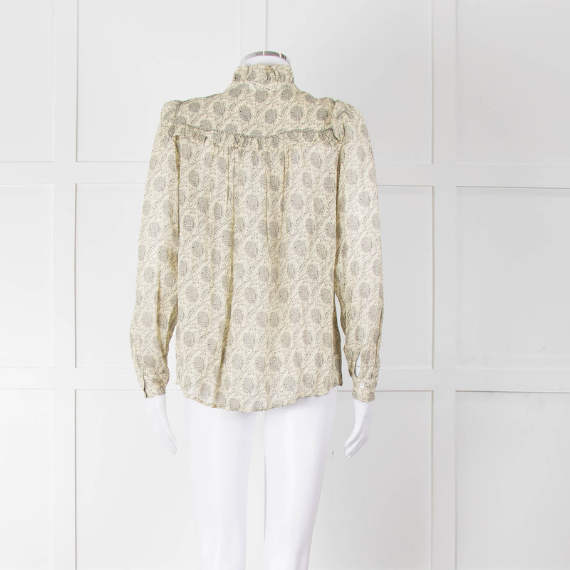 Ba&sh Cream Black Floral Frill Detail Long Sleeve Top