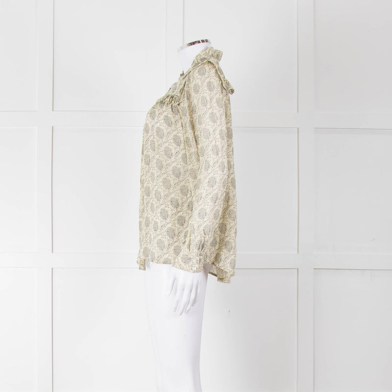 Ba&sh Cream Black Floral Frill Detail Long Sleeve Top