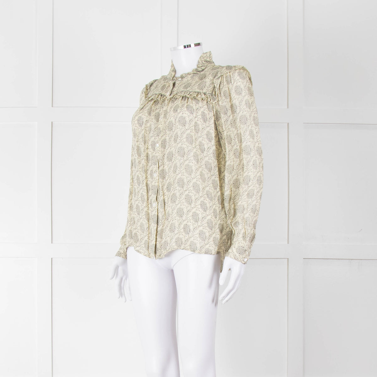 Ba&sh Cream Black Floral Frill Detail Long Sleeve Top