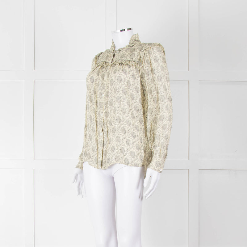 Ba&sh Cream Black Floral Frill Detail Long Sleeve Top