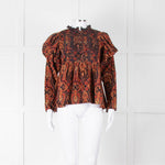 By TiMo Navy Brown Print Embroidered Puffed Sleeve Corduroy Blouse