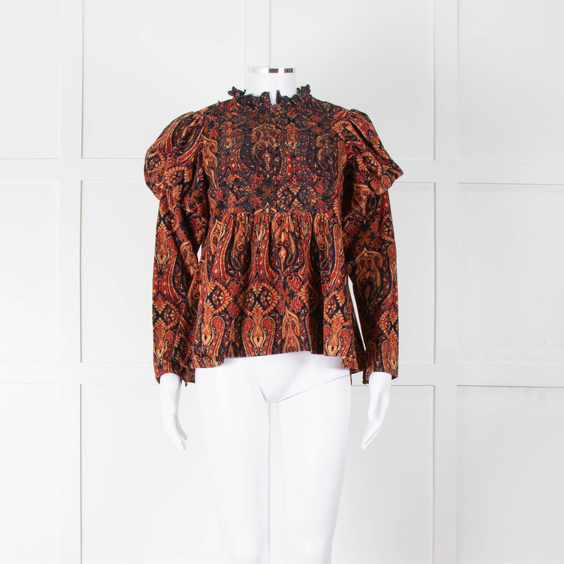 By TiMo Navy Brown Print Embroidered Puffed Sleeve Corduroy Blouse
