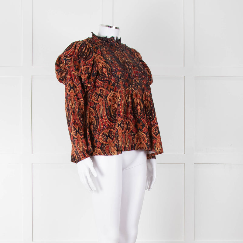 By TiMo Navy Brown Print Embroidered Puffed Sleeve Corduroy Blouse