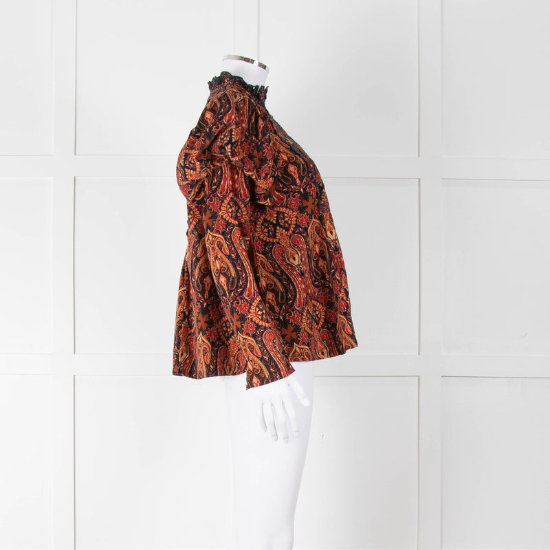 By TiMo Navy Brown Print Embroidered Puffed Sleeve Corduroy Blouse