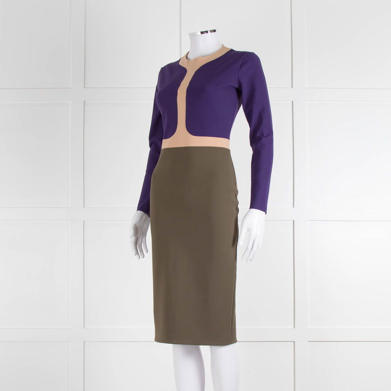 S Dress Purple Khaki Pink Trim Body Con Dress