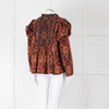 By TiMo Navy Brown Print Embroidered Puffed Sleeve Corduroy Blouse