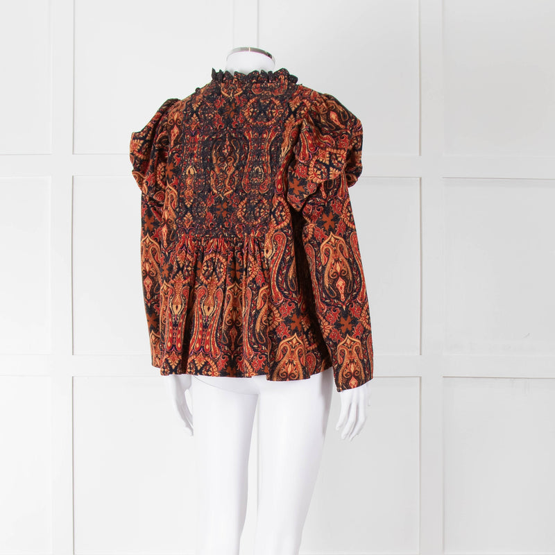 By TiMo Navy Brown Print Embroidered Puffed Sleeve Corduroy Blouse