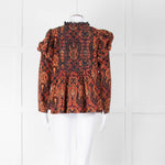 By TiMo Navy Brown Print Embroidered Puffed Sleeve Corduroy Blouse