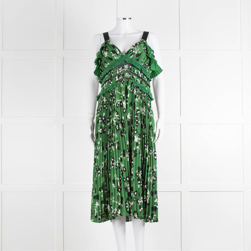 Self Portrait Green White Floral Pleated Sleeveless Midi Dress