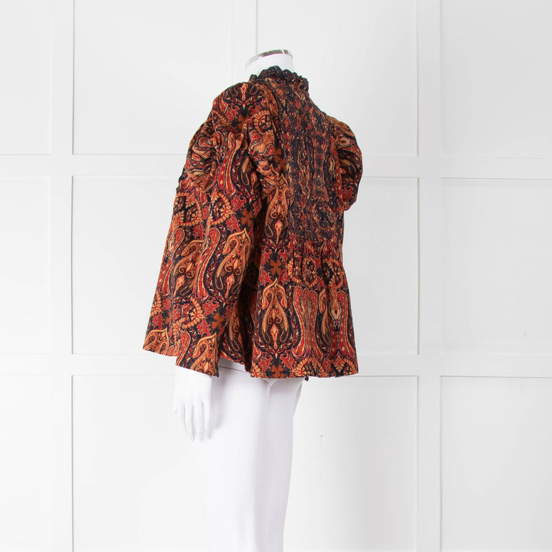 By TiMo Navy Brown Print Embroidered Puffed Sleeve Corduroy Blouse