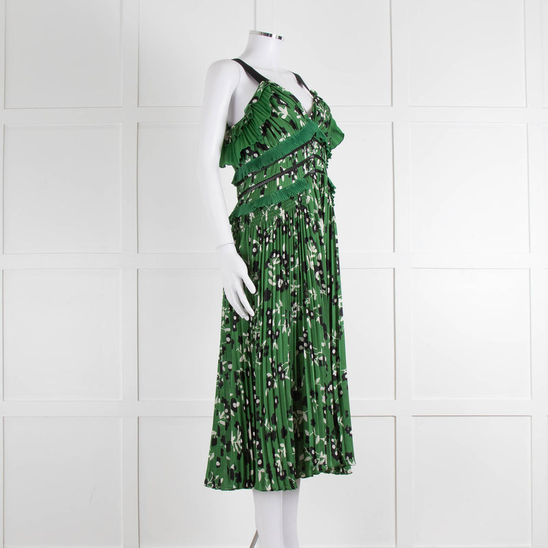 Self Portrait Green White Floral Pleated Sleeveless Midi Dress