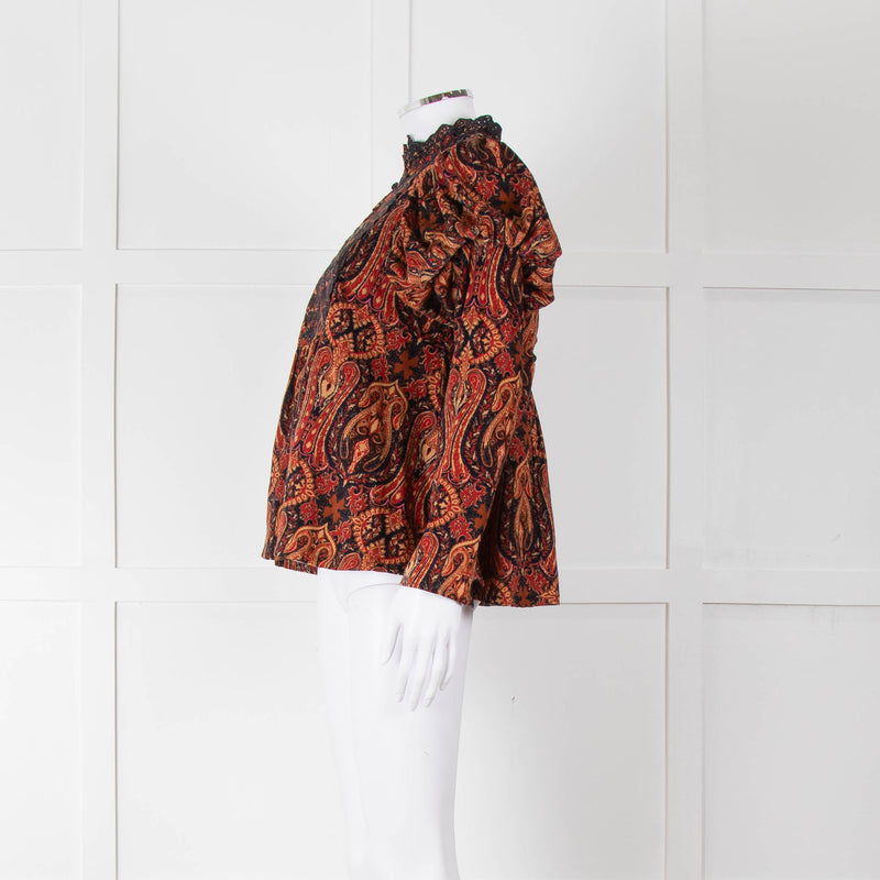 By TiMo Navy Brown Print Embroidered Puffed Sleeve Corduroy Blouse
