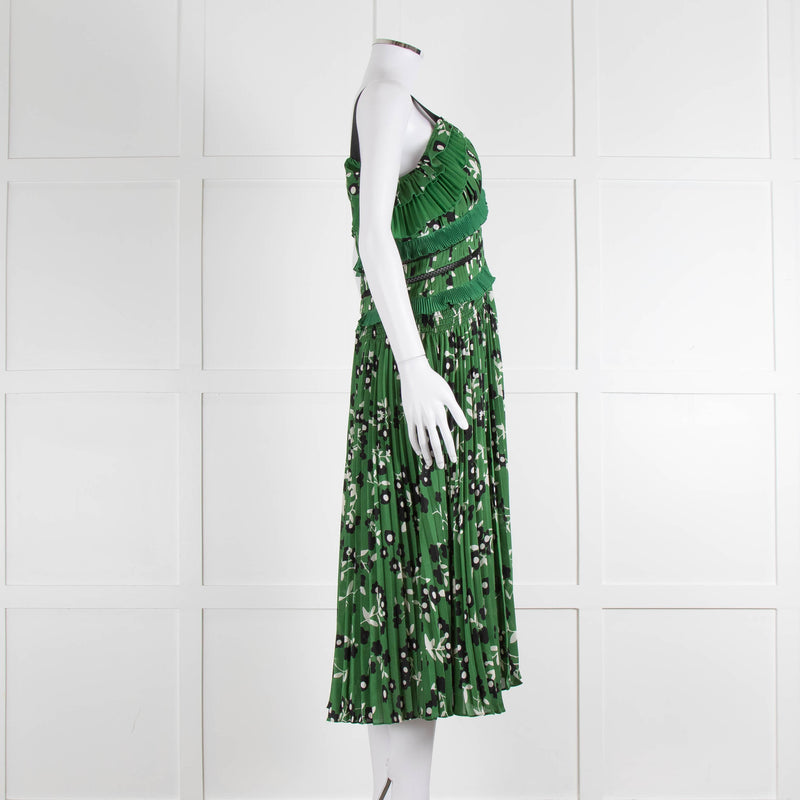 Self Portrait Green White Floral Pleated Sleeveless Midi Dress