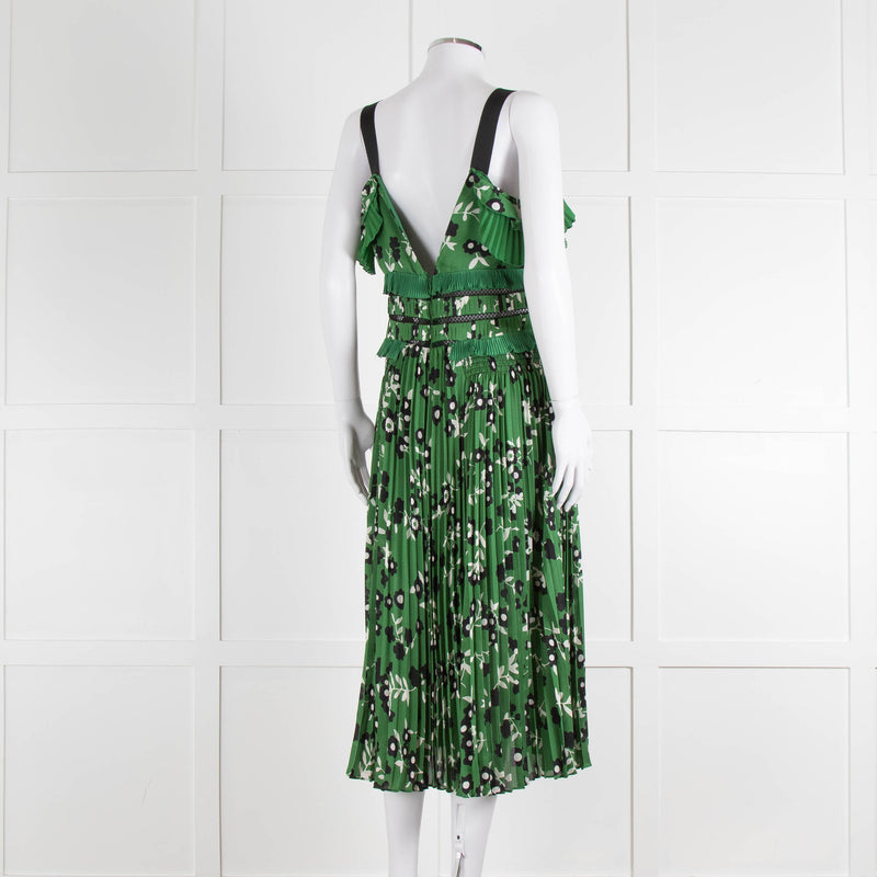 Self Portrait Green White Floral Pleated Sleeveless Midi Dress