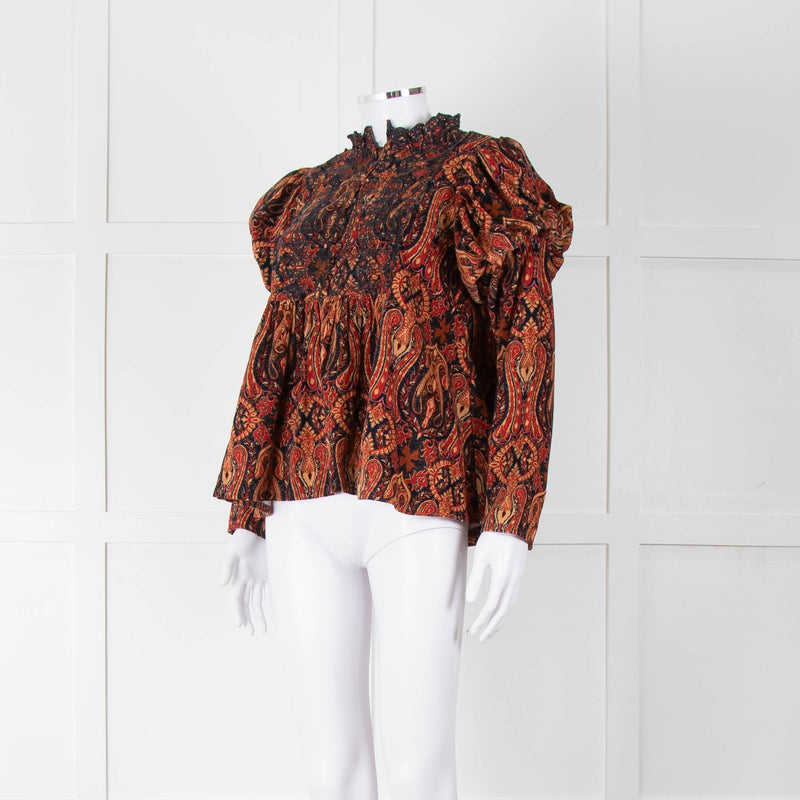 By TiMo Navy Brown Print Embroidered Puffed Sleeve Corduroy Blouse