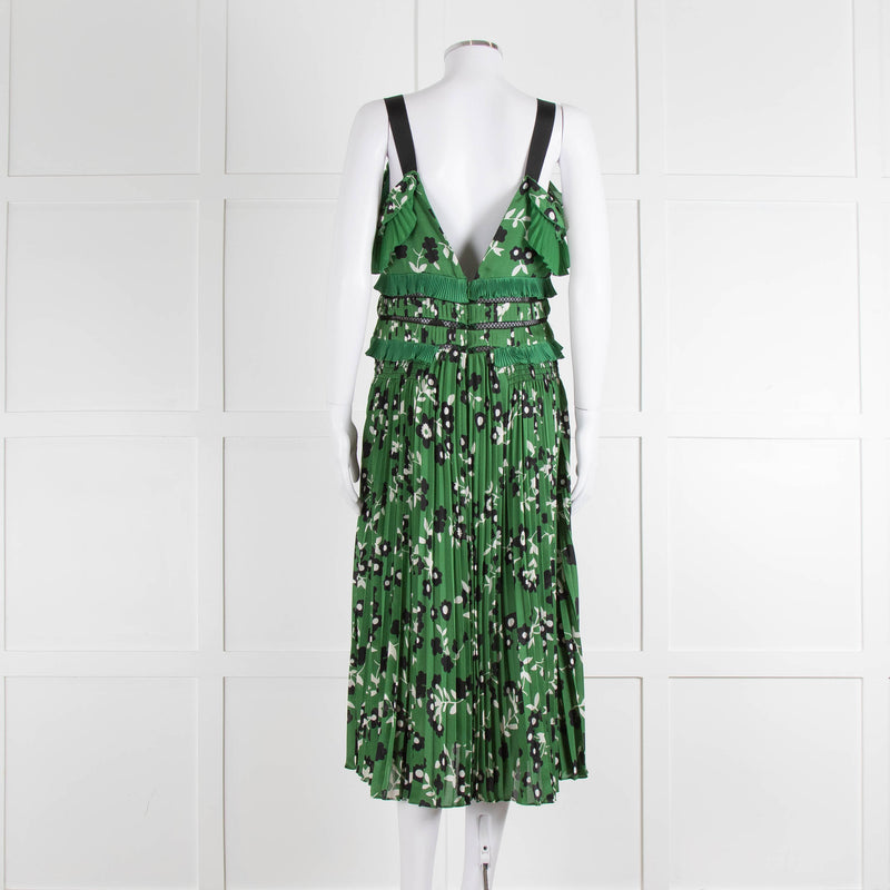 Self Portrait Green White Floral Pleated Sleeveless Midi Dress