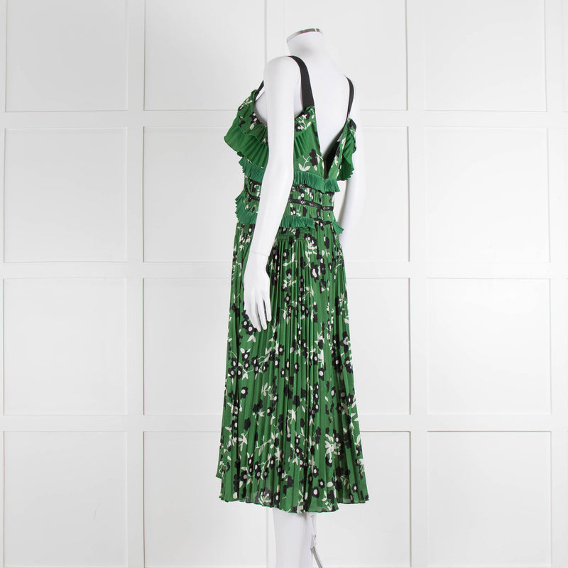 Self Portrait Green White Floral Pleated Sleeveless Midi Dress