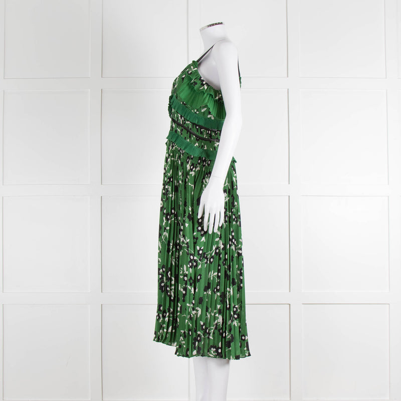 Self Portrait Green White Floral Pleated Sleeveless Midi Dress