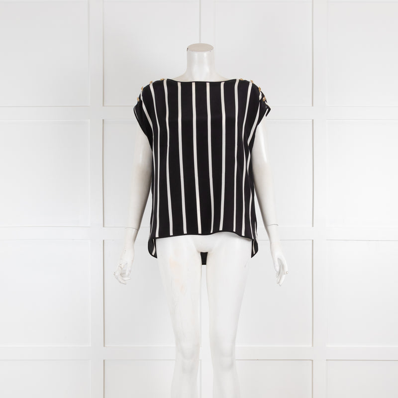 Emilio Pucci Black & White Stripe Silk Top with Gold Button Detail