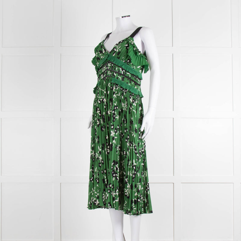 Self Portrait Green White Floral Pleated Sleeveless Midi Dress