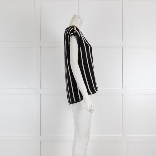 Emilio Pucci Black & White Stripe Silk Top with Gold Button Detail