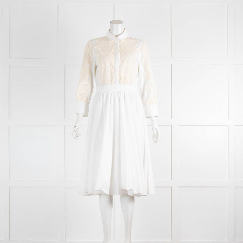 Tara Jarmon White Cotton Poplin Midi Dress with Cream Lace Insert