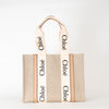 Chloe Neutral Linen Logo Woody  Medium Tote Bag