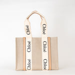 Chloe Neutral Linen Logo Woody  Medium Tote Bag
